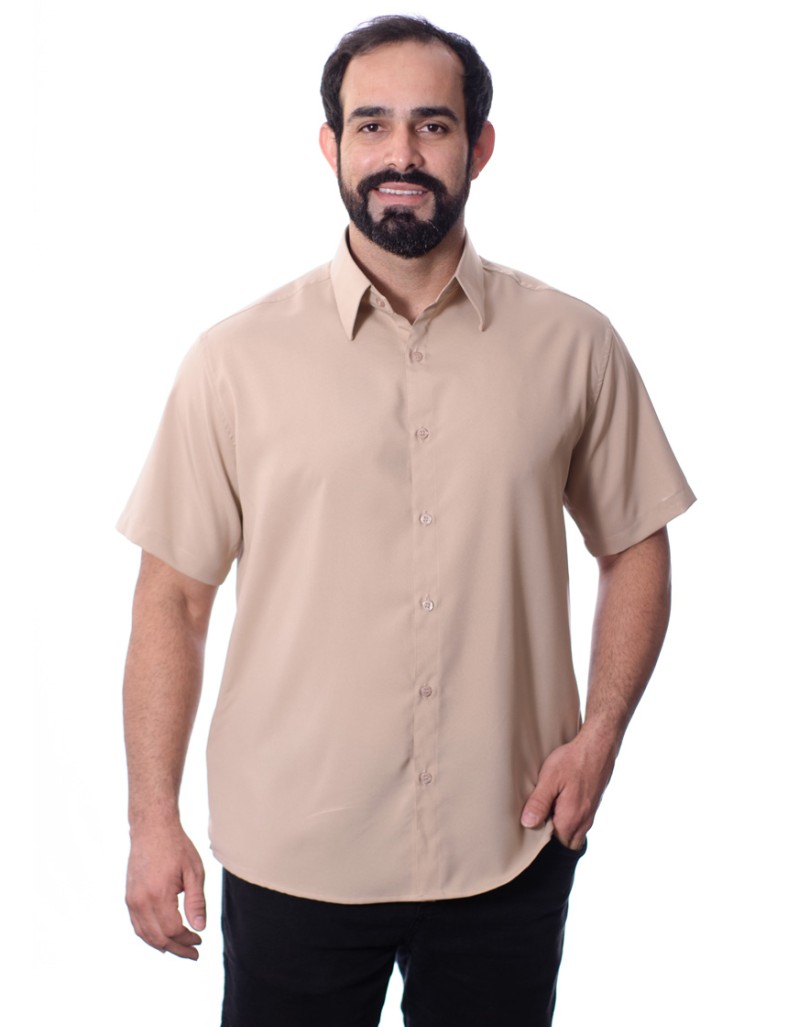 Camisa Social Bege Masculina De Microfibra Manga Curta