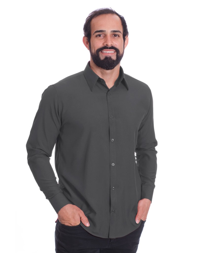 Camisa Social Masculina De Microfibra Manga Longa Chumbo