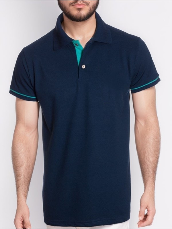 Camisa polo marinho detalhe turquesa