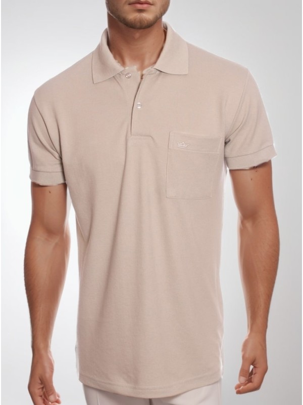 Camisa polo masculina bege com bolso