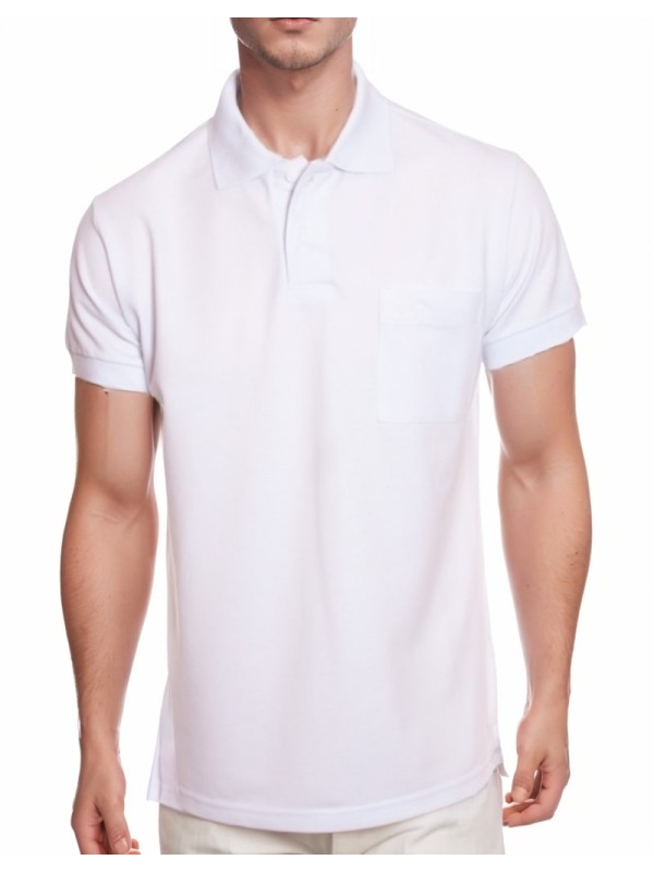 Camisa polo masculina branca com bolso