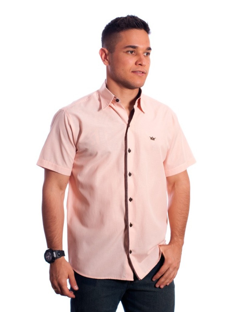 Camisa Social Masculina De Tricoline Manga Curta Com Detalhe Na Frente Salm O