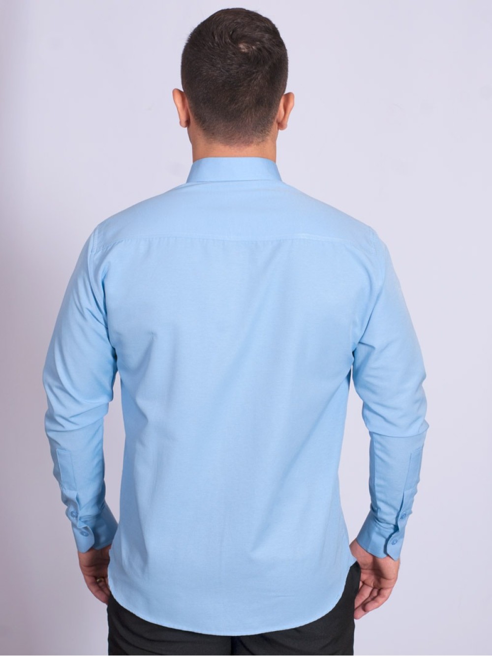 Camisa Social Masculina De Tricoline Com Detalhe Manga Longa Azul