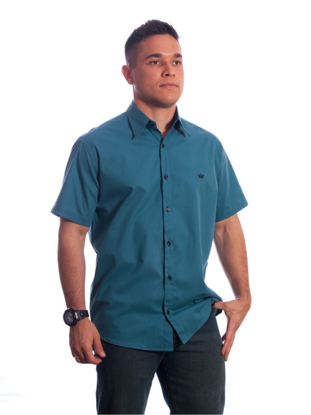 Camisa social azul cobalto masculina manga curta com detalhe de algodão