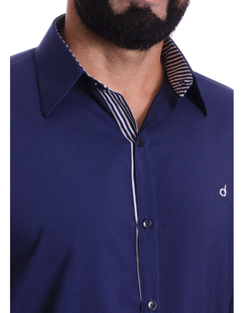 Camisa Social Azul Marinho Masculina De Microfibra Manga Longa