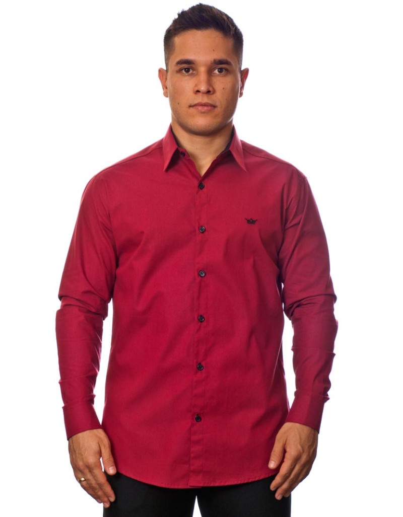 Camisa social vinho masculina manga longa com detalhe de algodão