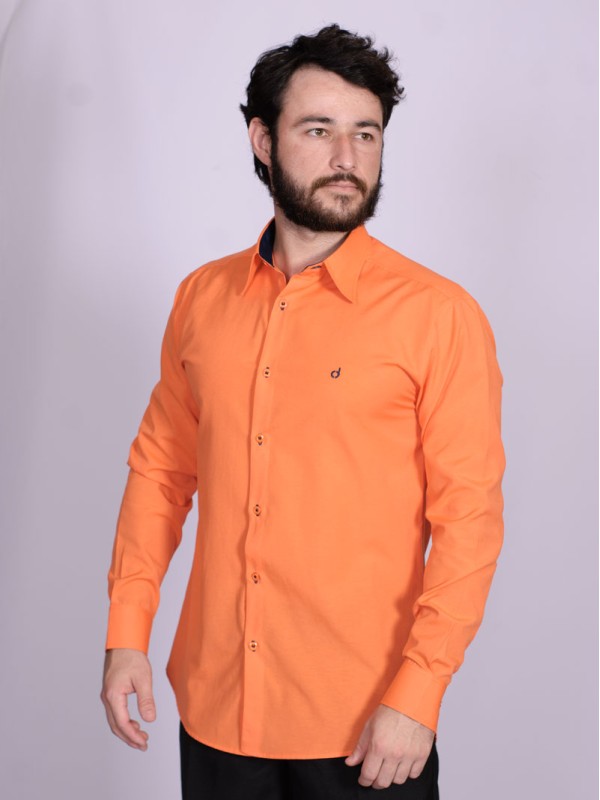 Camisa social laranja masculina manga longa de tricoline