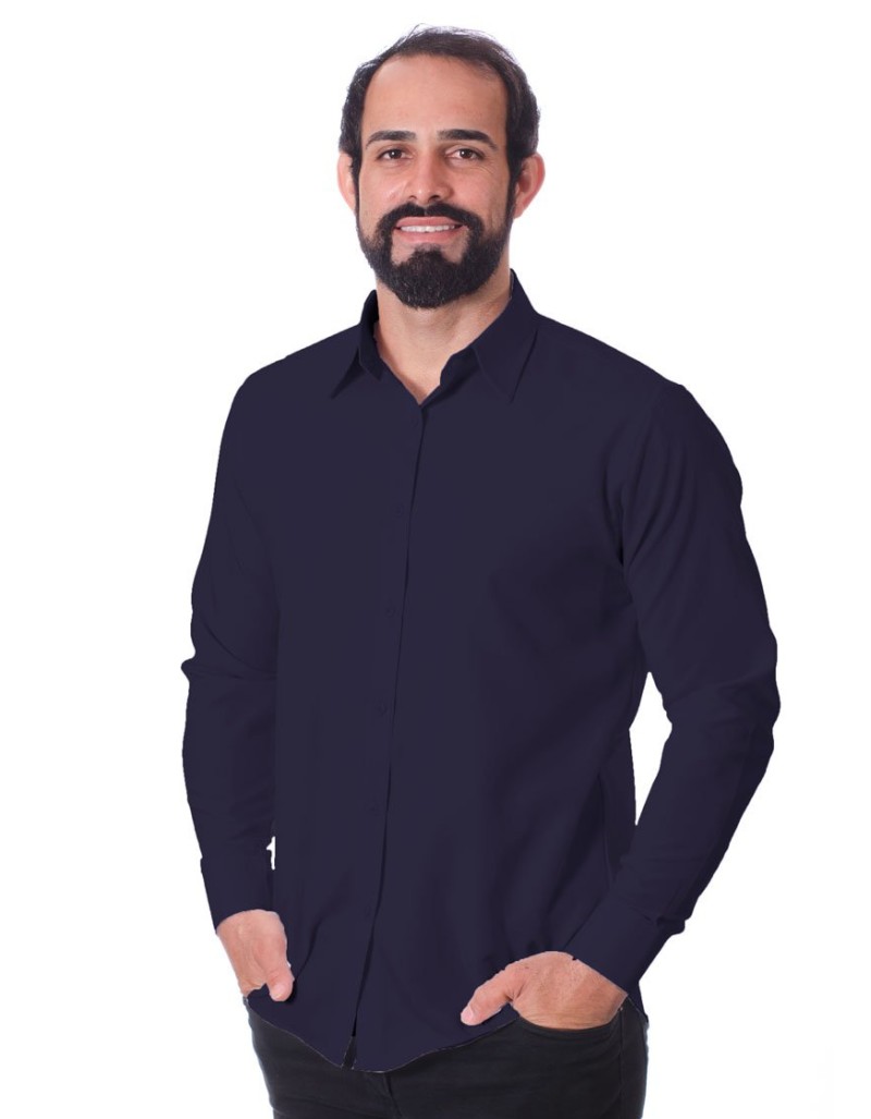 Camisa Social Masculina De Microfibra Manga Longa Marinho