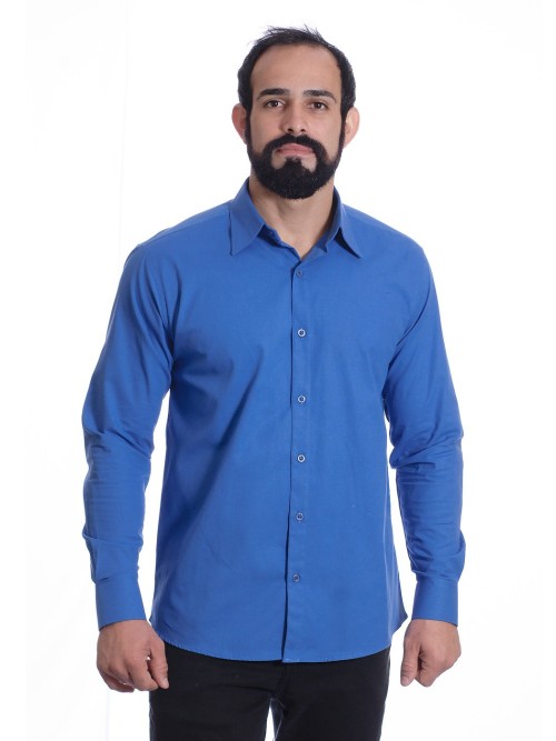 Camisa social azul royal lisa masculina de algodão