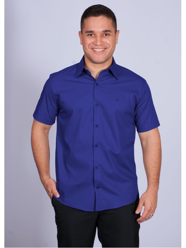 Camisa social masculina de algodão manga curta, azul royal