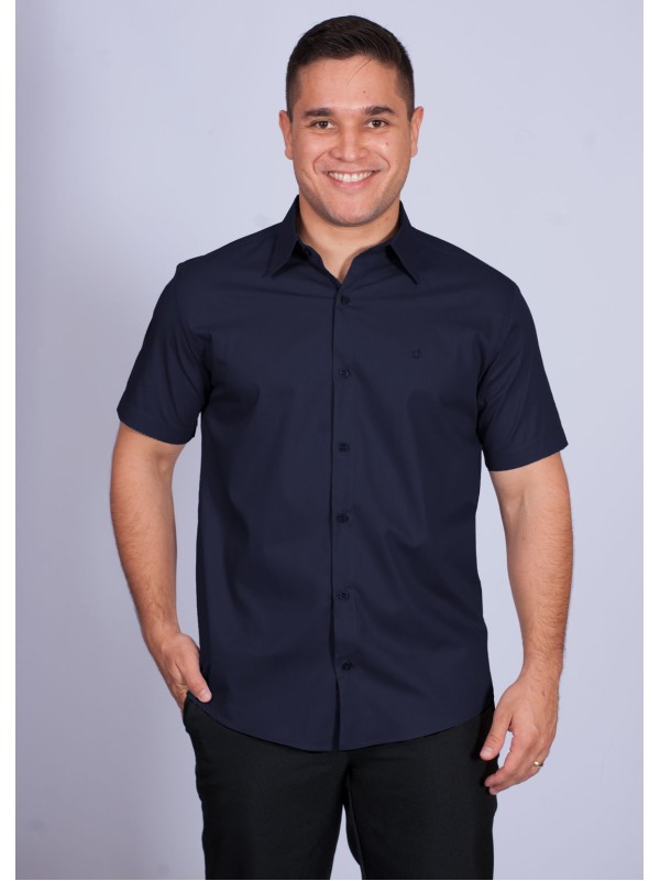 Camisa social masculina de  algodão manga curta, marinho