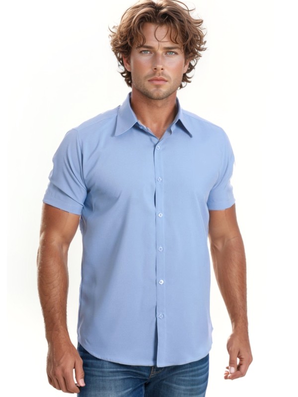 Camisa social masculina de algodão manga curta, azul claro