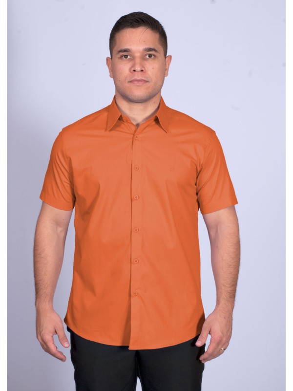 Camisa social laranja masculina de algodão manga curta