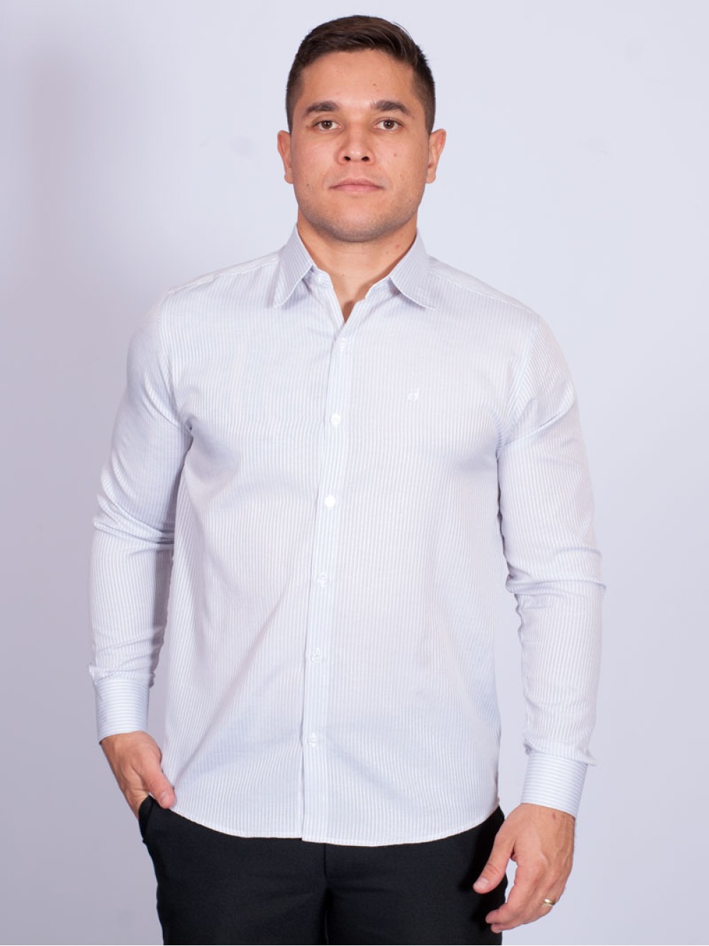 Camisa Listrada Cinza Masculina Manga Longa De Tricoline 