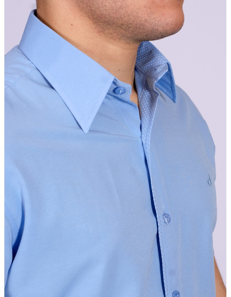 Camisa Social Masculina De Tricoline Com Detalhe Manga Curta Azul