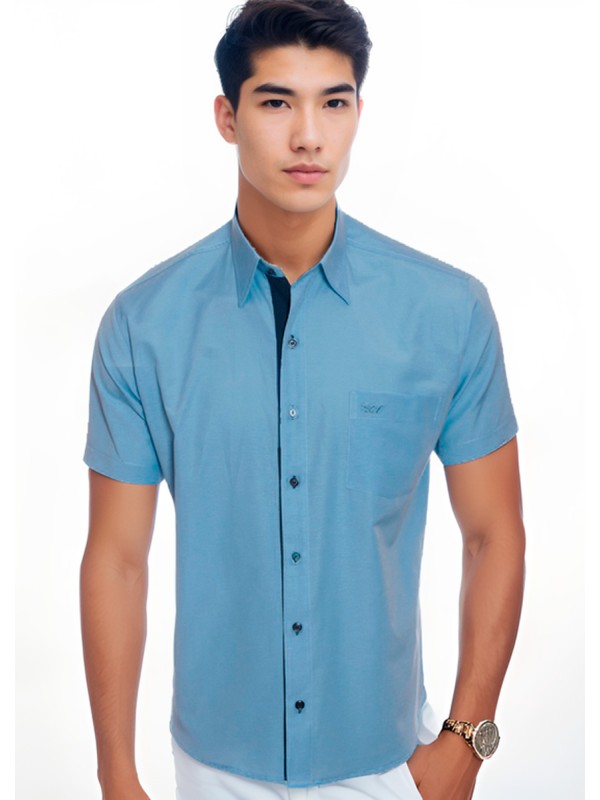 Camisa social masculina de tricoline com detalhe manga curta, azul